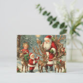 ヴィンテージサンタと子ども、トナカイ、ギフト シーズンポストカード (スタンド正面)