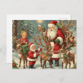 ヴィンテージサンタと子ども、トナカイ、ギフト シーズンポストカード (正面/裏面)