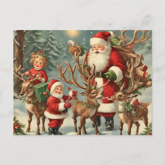 ヴィンテージサンタと子ども、トナカイ、ギフト シーズンポストカード (正面)