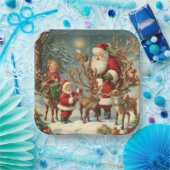 ヴィンテージサンタと子ども、トナカイ、ギフト ペーパープレート (パーティー)