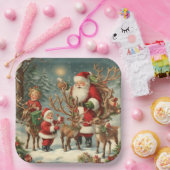 ヴィンテージサンタと子ども、トナカイ、ギフト ペーパープレート (パーティー)