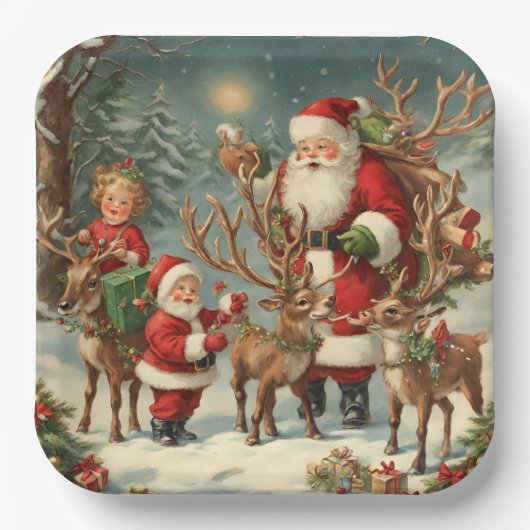 ヴィンテージサンタと子ども、トナカイ、ギフト ペーパープレート (正面)