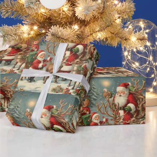 ヴィンテージサンタと子ども、トナカイ、ギフト ラッピングペーパー (クリスマス)