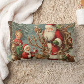 ヴィンテージサンタと子ども、トナカイ、ギフト ランバークッション (ブランケット)