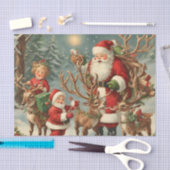 ヴィンテージサンタと子ども、トナカイ、ギフト 薄葉紙 (クラフト)