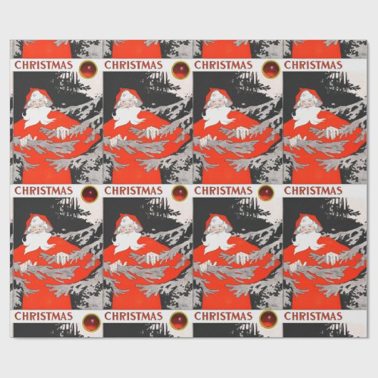 ヴィンテージサンタと松の木クリスマス ラッピングペーパー (フラット)