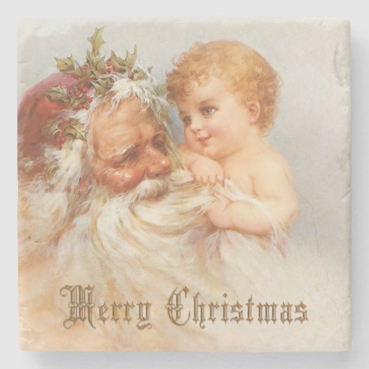 ヴィンテージサンタと笑顔の子 ストーンコースター (正面)