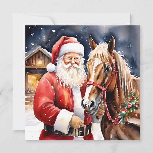 ヴィンテージサンタと茶色の馬のクリスマス カード (正面)