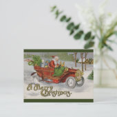ヴィンテージサンタと赤い車のクリスマスグリーティング ポストカード (スタンド正面)