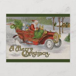 ヴィンテージサンタと赤い車のクリスマスグリーティング ポストカード