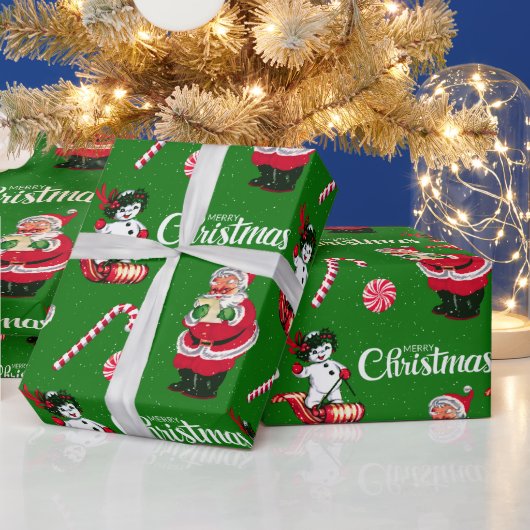 ヴィンテージサンタと雪だるまの雪のラッピングペーパー ラッピングペーパー (クリスマス)