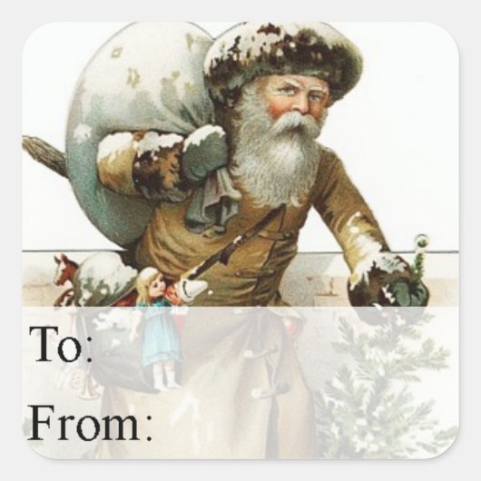 ヴィンテージサンタのおもちゃとツリーギフトラベル スクエアシール (正面)