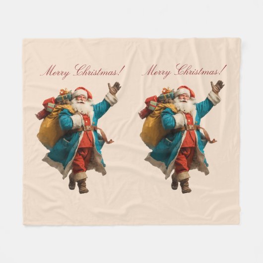 ヴィンテージサンタのクリスマスデザイン フリースブランケット (正面(横))
