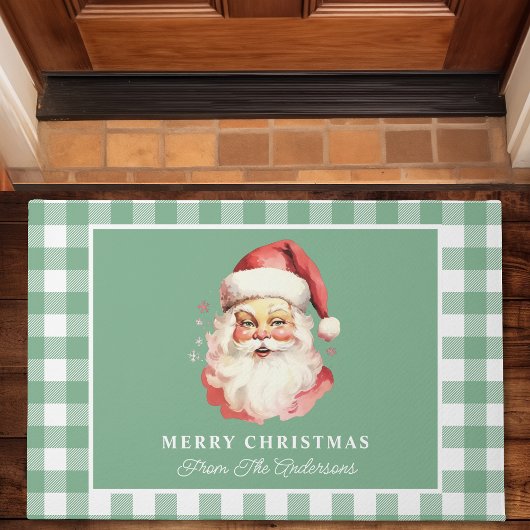 ヴィンテージサンタのグリーンギンガム メリークリスマス ドアマット