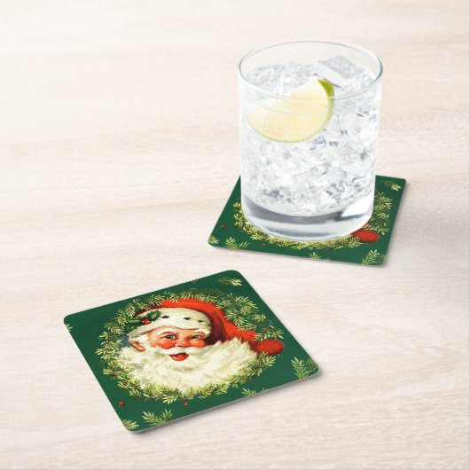 ヴィンテージサンタのマツリース、ヒイラギのクリスマス スクエアペーパーコースター (インサイチュ)