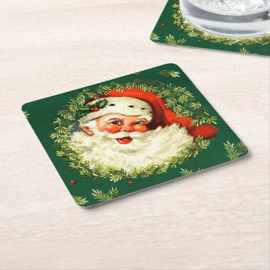 ヴィンテージサンタのマツリース、ヒイラギのクリスマス スクエアペーパーコースター (アングル)