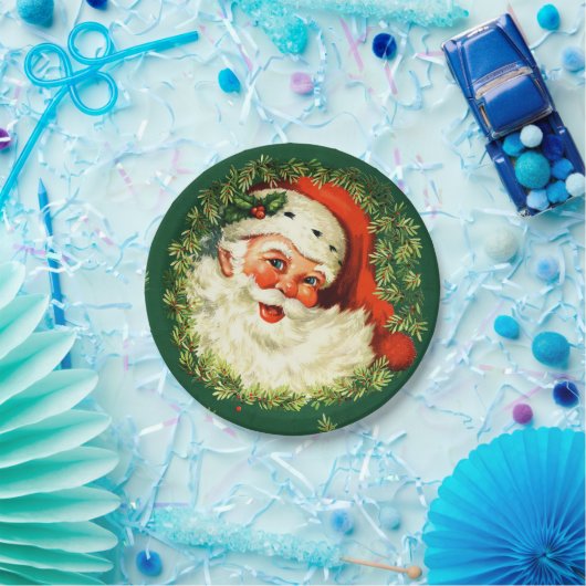 ヴィンテージサンタのマツリース、ヒイラギのクリスマス ペーパープレート (パーティー)
