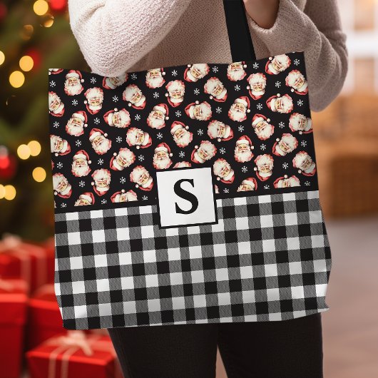 ヴィンテージサンタの黒ギンガムモノグラム入りクリスマス トートバッグ