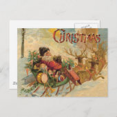 ヴィンテージサンタはトナカイそりに乗っている シーズンポストカード (正面/裏面)