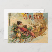 ヴィンテージサンタはトナカイそりに乗っている シーズンポストカード (正面/裏面)