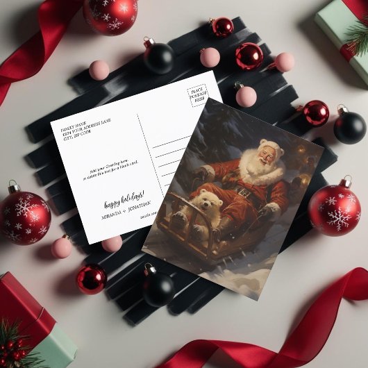 ヴィンテージサンタは雪の中で、かわいい白熊 シーズンポストカード