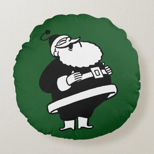ヴィンテージサンタをクリスマスグリーンで笑う ラウンドクッション (正面)
