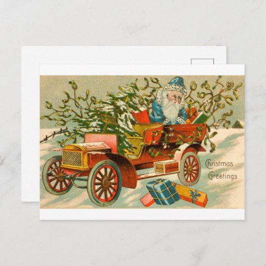 ヴィンテージサンタを車でプレゼント ポストカード (正面/裏面)