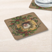 ヴィンテージサンタアンティークホリークリスマス スクエアペーパーコースター (アングル)