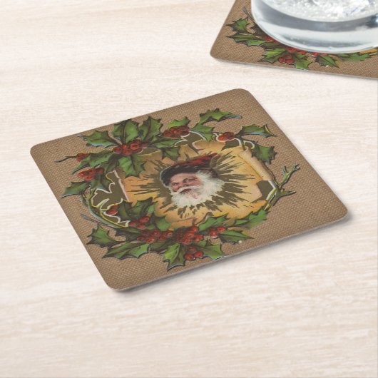 ヴィンテージサンタアンティークホリークリスマス スクエアペーパーコースター (アングル)