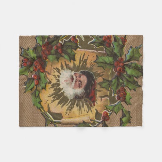 ヴィンテージサンタアンティークホリークリスマス フリースブランケット (正面(横))