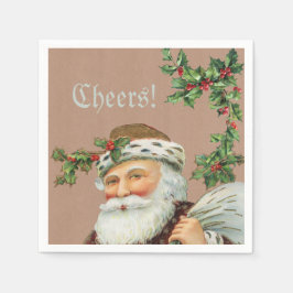 ヴィンテージサンタアンドホリーオンクラフトペーパーナプキン スタンダードカクテルナプキン