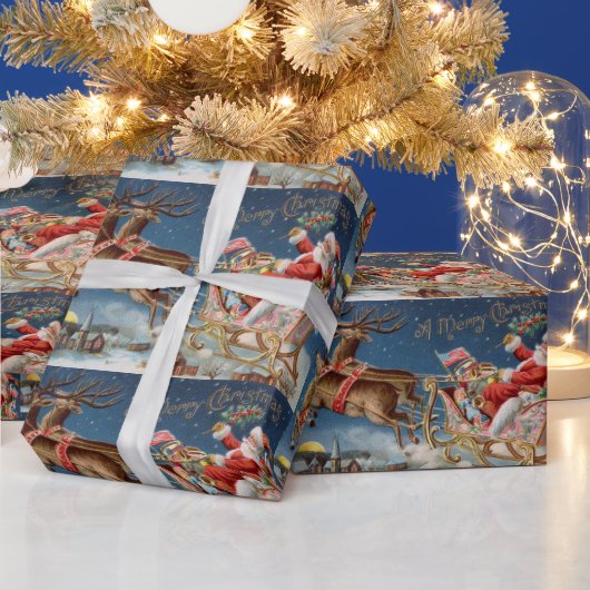 ヴィンテージサンタインスリー飛んでいるオーバーヴィレッジ ラッピングペーパー (クリスマス)