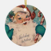 ヴィンテージサンタウィズキャンディーケーンレトロクリスマス セラミックオーナメント (正面)