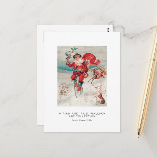 ヴィンテージサンタオンサイクリスクリスマスホリデーアート ポストカード (正面/裏面インサイチュ)