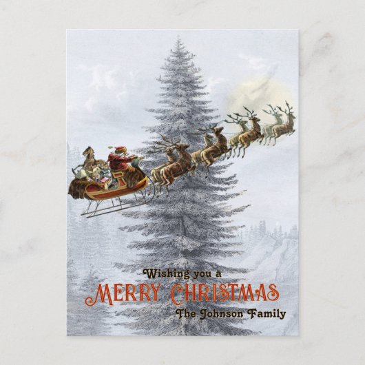 ヴィンテージサンタオンスリーとトナカイのクリスマス シーズンポストカード (正面)