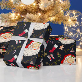 ヴィンテージサンタクリスマスグリーティングオンブラック ラッピングペーパー