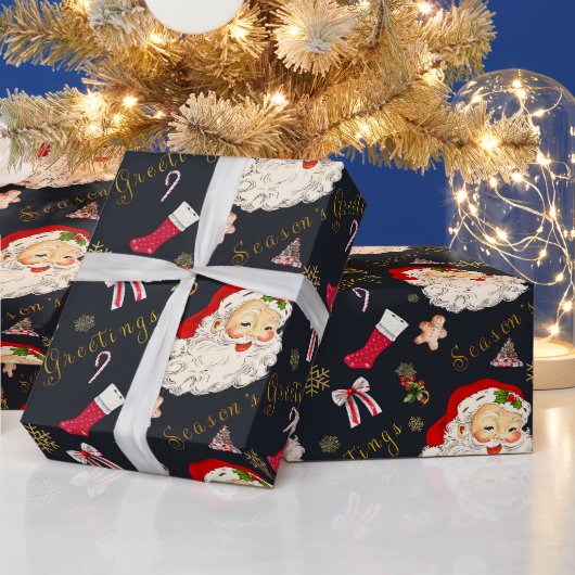 ヴィンテージサンタクリスマスグリーティングオンブラック ラッピングペーパー (クリスマス)