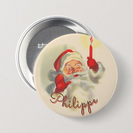 ヴィンテージサンタクリスマスストッキング名タグボタン 缶バッジ (正面&裏面)