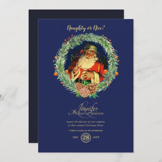 ヴィンテージサンタクリスマスパーティの招待状ブルーレッド 招待状 (正面/裏面)
