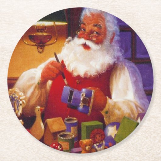 ヴィンテージサンタクロースがおもちゃ作りのクリスマス ラウンドペーパーコースター (正面)