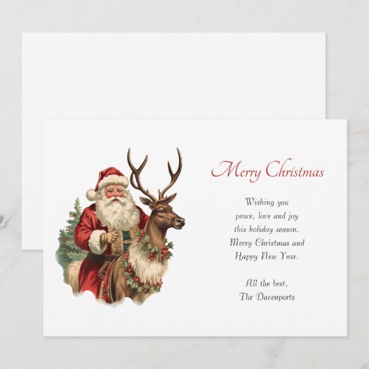 ヴィンテージサンタクロースがトナカイのクリスマスに乗る シーズンカード (正面/裏面)