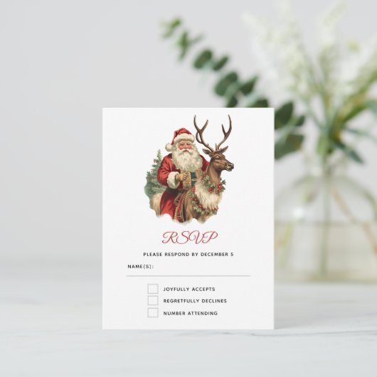 ヴィンテージサンタクロースがトナカイのクリスマスに乗る 出欠カード (スタンド正面)