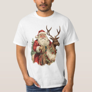 ヴィンテージサンタクロースがトナカイのクリスマスに乗る Tシャツ
