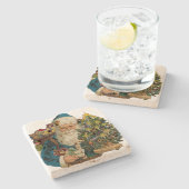 ヴィンテージサンタクロースが贈り物を届ける ストーンコースター (横)