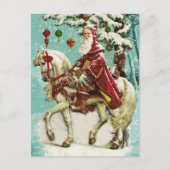 ヴィンテージサンタクロースが馬に乗り、木やおもちゃで シーズンポストカード (正面)