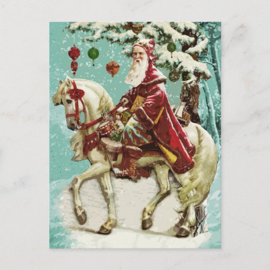 ヴィンテージサンタクロースが馬に乗り、木やおもちゃで シーズンポストカード (正面)