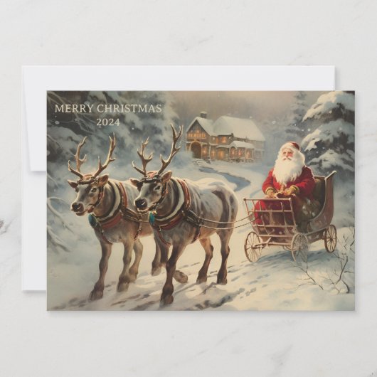 ヴィンテージサンタクロースそり雪メリークリスマス シーズンカード (正面)