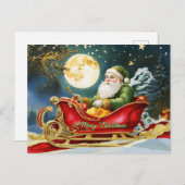 ヴィンテージサンタクロースそり、満月、星 シーズンポストカード (正面/裏面)