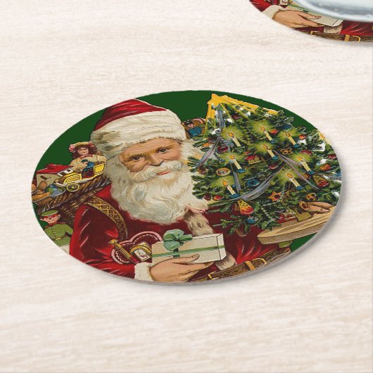 ヴィンテージサンタクロースとギフトクリスマス ラウンドペーパーコースター (アングル)