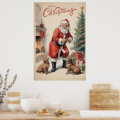 ヴィンテージサンタクロースとドッグズメリークリスマス ポスター (キッチン)